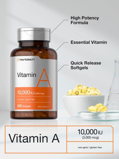 Horbäach Vitamin A 10,000 IU Softgels – 300 Count | Non-GMO, Gluten Free