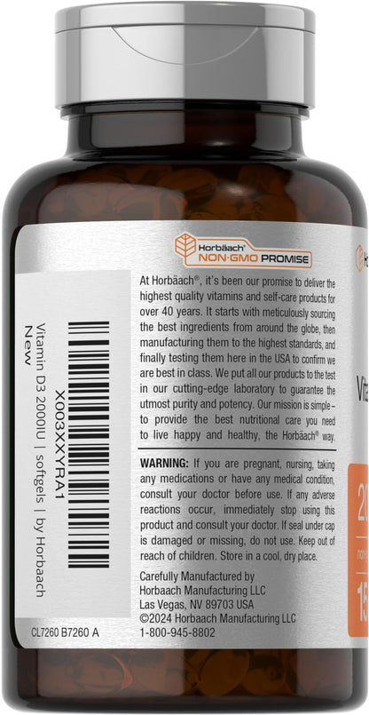 Horbaach Vitamin D3 2000IU Softgels | 150 Count | 50 mcg Cholecalciferol | Non-GMO & Gluten Free