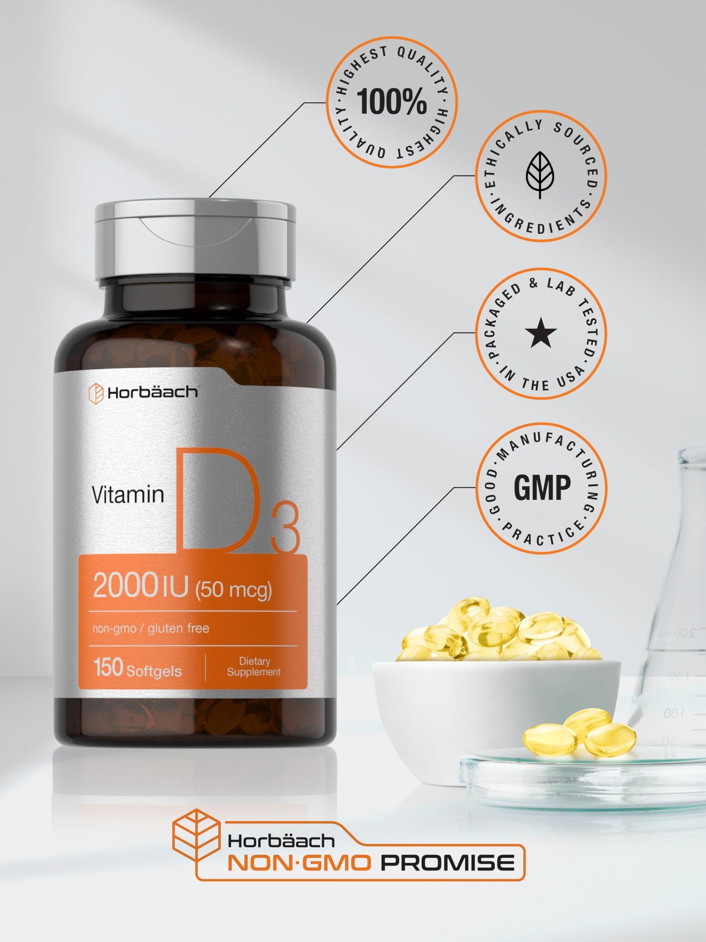 Horbaach Vitamin D3 2000IU Softgels | 150 Count | 50 mcg Cholecalciferol | Non-GMO & Gluten Free