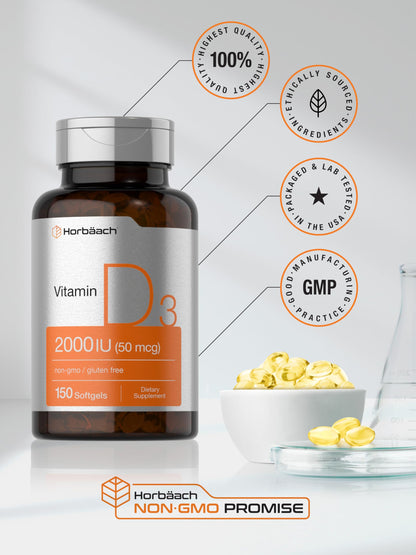 Horbaach Vitamin D3 2000IU Softgels | 150 Count | 50 mcg Cholecalciferol | Non-GMO & Gluten Free