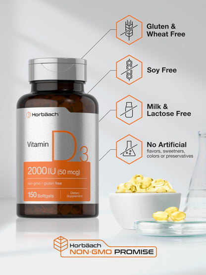 Horbaach Vitamin D3 2000IU Softgels | 150 Count | 50 mcg Cholecalciferol | Non-GMO & Gluten Free