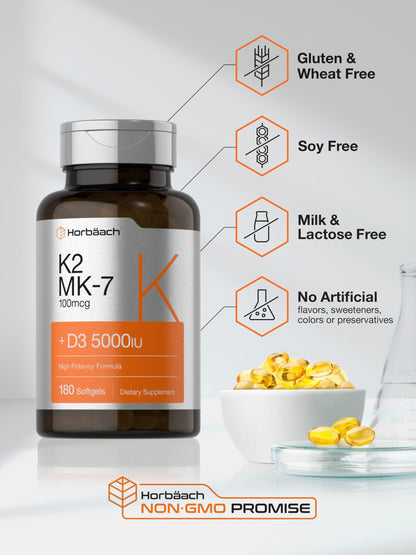 Horbäach Vitamin D3 K2 5000 IU | 100 mcg MK-7 | 180 Softgels | Non-GMO & Gluten Free