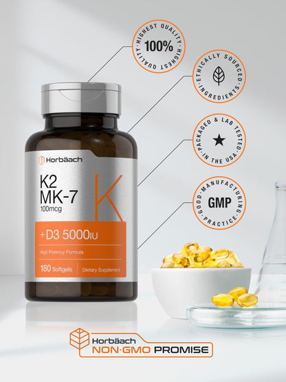 Horbäach Vitamin D3 K2 5000 IU | 100 mcg MK-7 | 180 Softgels | Non-GMO & Gluten Free