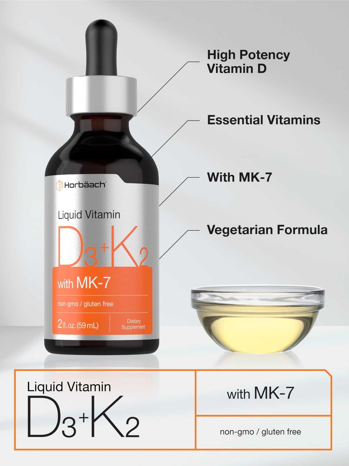 Horbäach Vitamin D3 K2 Liquid Drops with MK-7 – 2 oz | Vegetarian, Non-GMO, Gluten Free