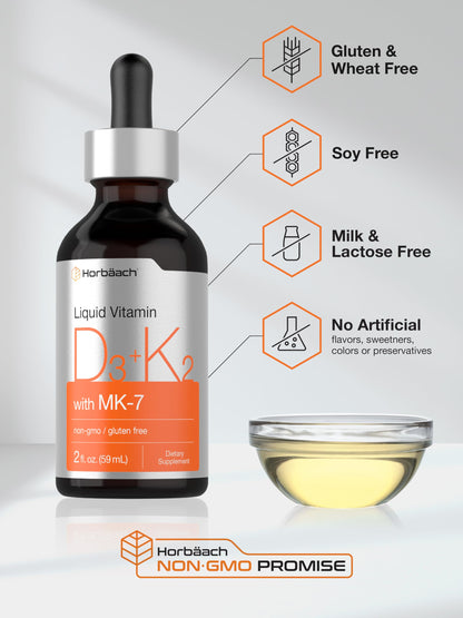 Horbäach Vitamin D3 K2 Liquid Drops with MK-7 – 2 oz | Vegetarian, Non-GMO, Gluten Free