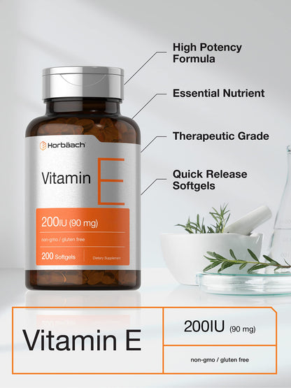 Horbäach Vitamin E Softgel Capsules – 200 IU (90 mg) | 200 Count | Non-GMO & Gluten Free