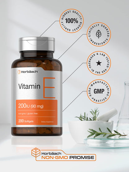 Horbäach Vitamin E Softgel Capsules – 200 IU (90 mg) | 200 Count | Non-GMO & Gluten Free