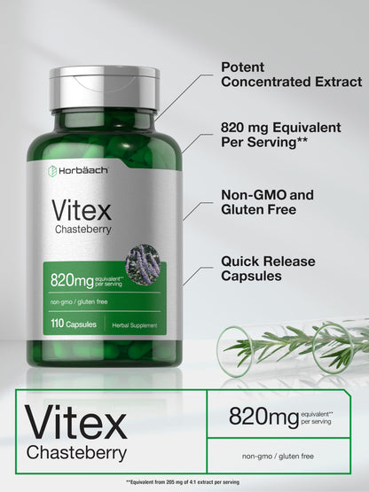 Horbäach Vitex Berry 820mg | 110 Capsules | Chasteberry Supplement for Women | Agnus-Castus Fruit | Non-GMO, Gluten Free