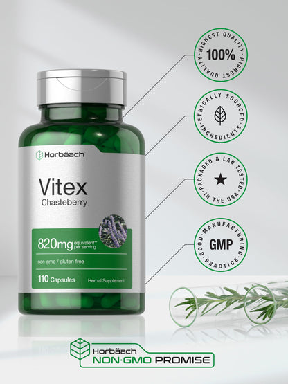 Horbäach Vitex Berry 820mg | 110 Capsules | Chasteberry Supplement for Women | Agnus-Castus Fruit | Non-GMO, Gluten Free