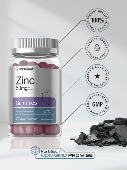 Horbäach Zinc 50mg Gummies | 70 Mixed Berry | Vegan, Non-GMO & Gluten Free | Zinc Citrate