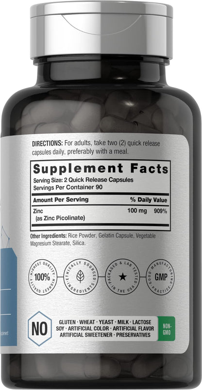 Horbäach Zinc Picolinate 100mg – 180 Capsules – High Potency, Non-GMO, Gluten Free