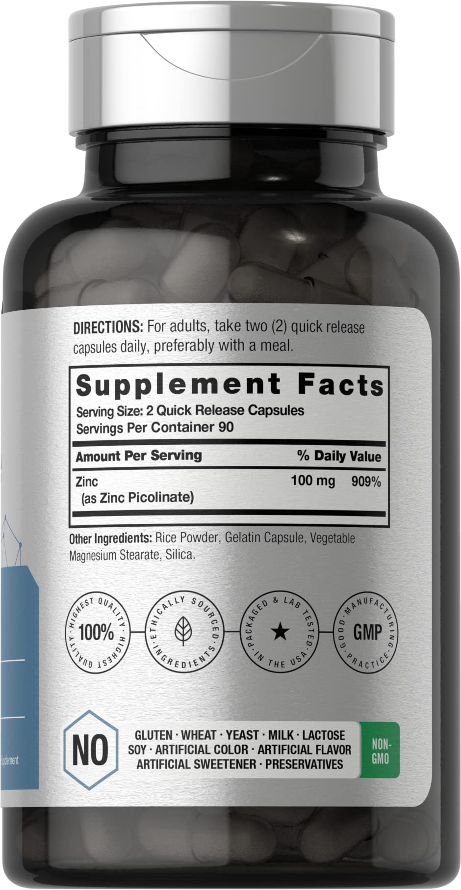 Horbäach Zinc Picolinate 100mg – 180 Capsules – High Potency, Non-GMO, Gluten Free