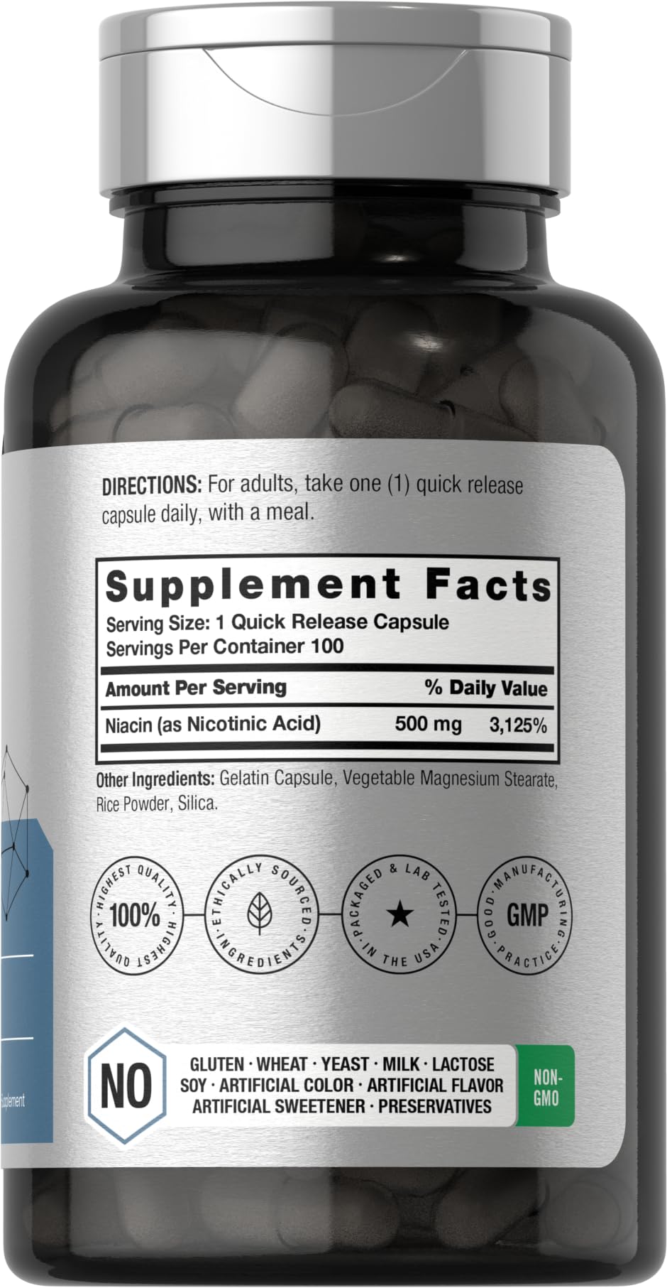 Horbäach Niacin Vitamin B3 500mg - 100 Capsules | Gluten Free & Non-GMO