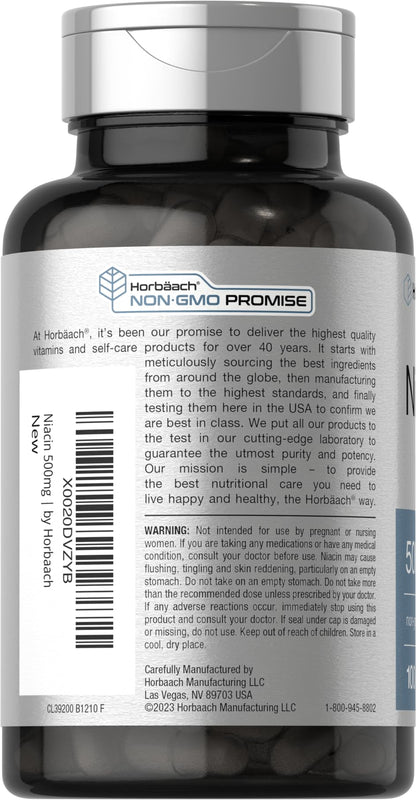 Horbäach Niacin Vitamin B3 500mg - 100 Capsules | Gluten Free & Non-GMO