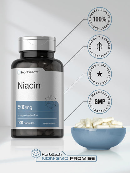 Horbäach Niacin Vitamin B3 500mg - 100 Capsules | Gluten Free & Non-GMO
