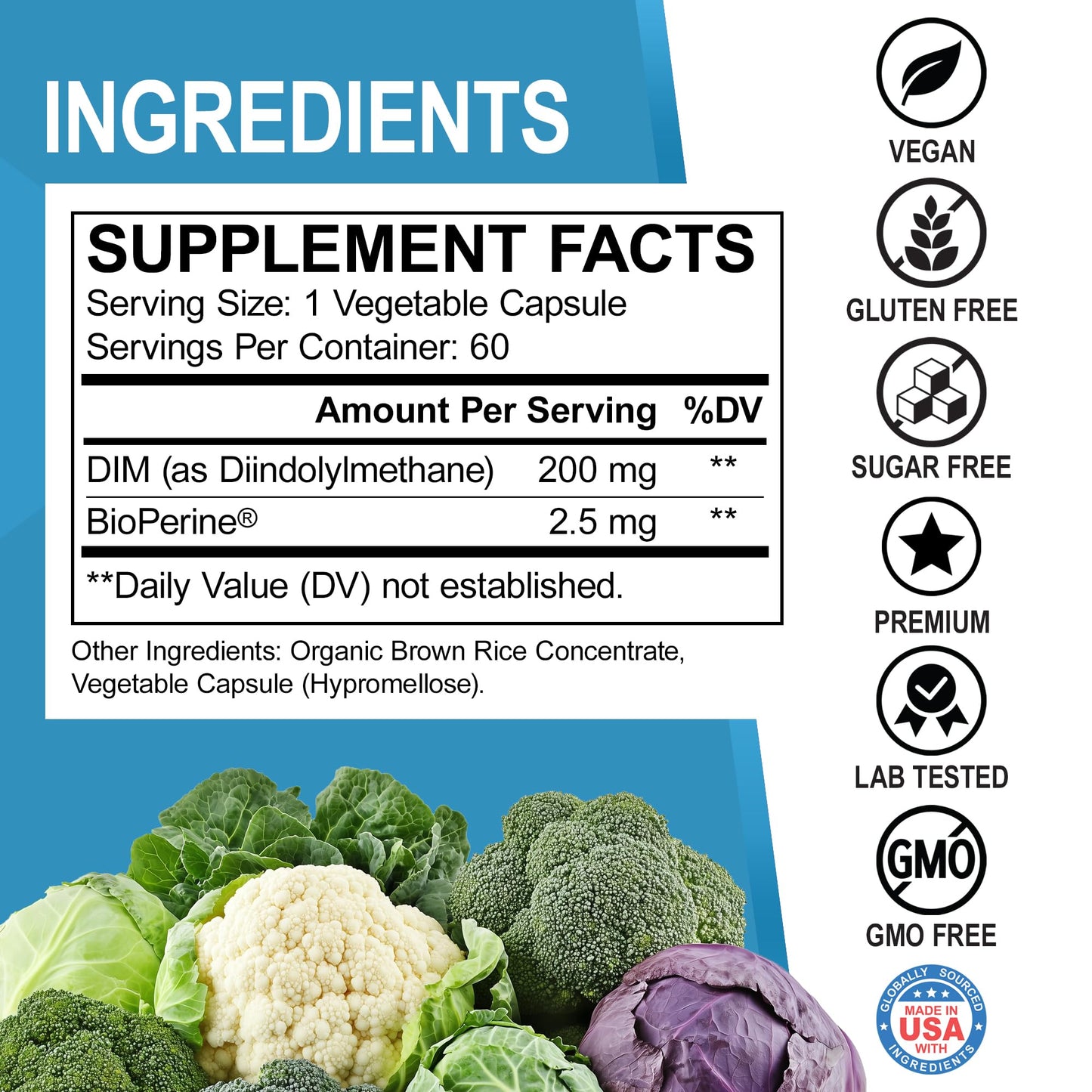 DIM Supplement for Women & Men 200mg - Androgen Estrogen Blocker for Men & Women, Hormonal Acne Pills, Hormone Balance, Menopause Support, Diindolylmethane DIM Supplement Plus BioPerine - 60 Capsules