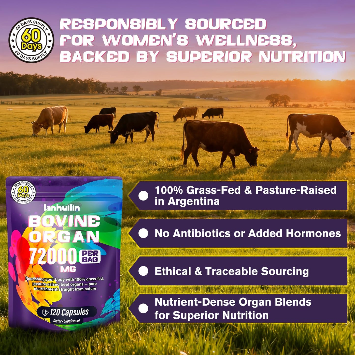 Lanhuilin Beef Organ Supplement for Women – Grass-Fed Liver, Kidney, Heart & More (120 Caps)