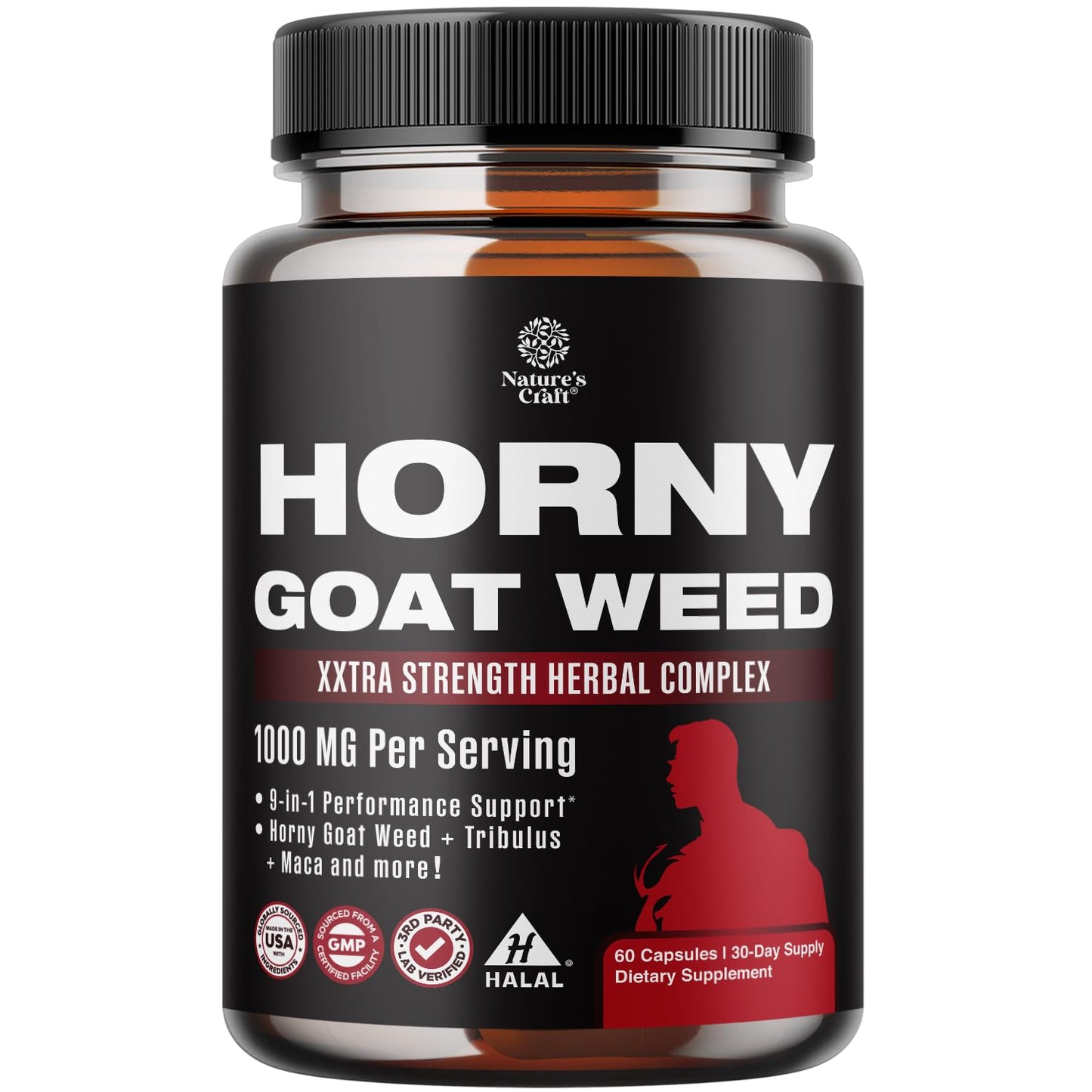 Horny Goat Weed for Men - Extra Strength 1000mg Formula with Black Maca, Tongkat Ali, Saw Palmetto & Panax Ginseng Extract | 60 Capsules