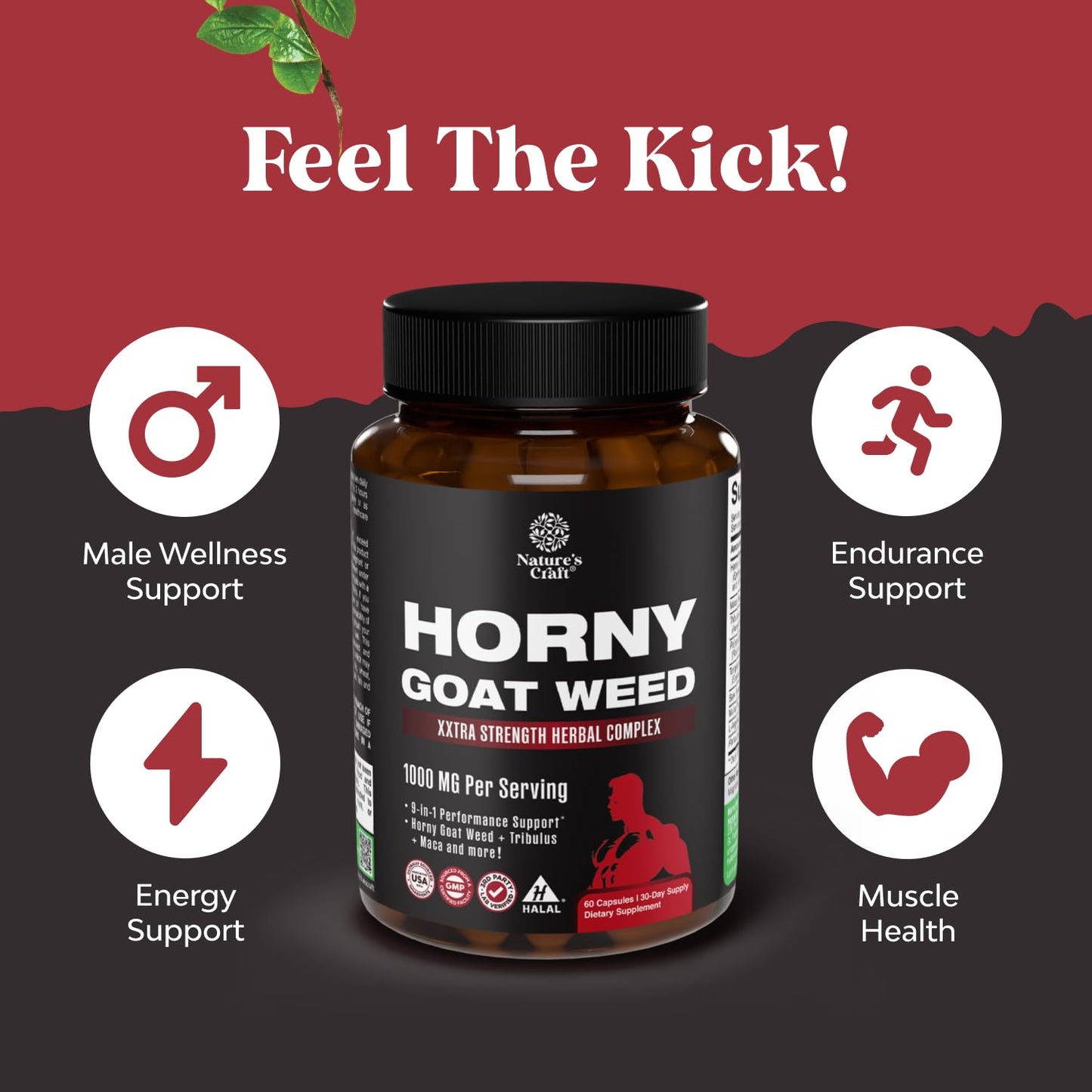 Horny Goat Weed for Men - Extra Strength 1000mg Formula with Black Maca, Tongkat Ali, Saw Palmetto & Panax Ginseng Extract | 60 Capsules