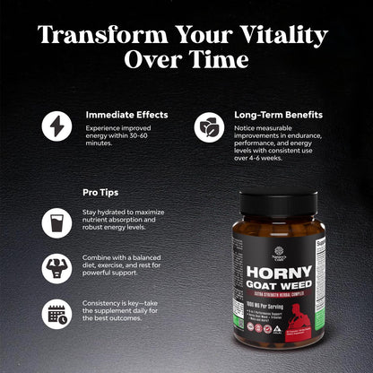 Horny Goat Weed for Men - Extra Strength 1000mg Formula with Black Maca, Tongkat Ali, Saw Palmetto & Panax Ginseng Extract | 60 Capsules