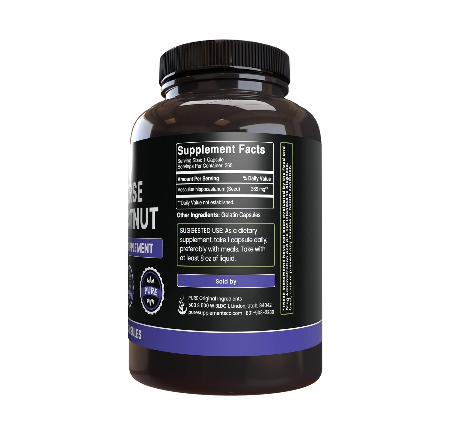 PURE ORIGINAL INGREDIENTS Horse Chestnut (365 Capsule), No Magnesium Or Rice Fillers, Always Pure, Lab Verified