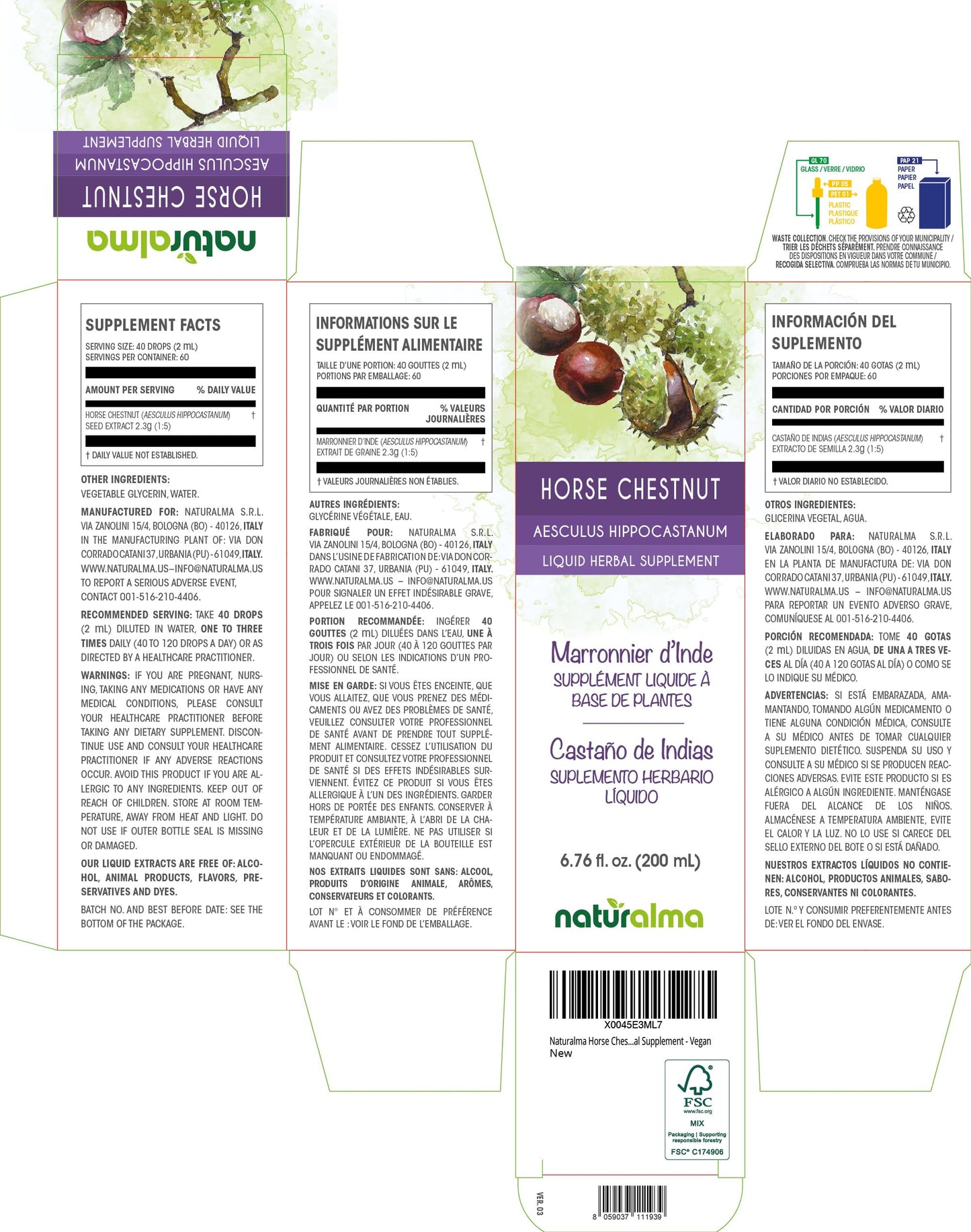 Naturalma Horse Chestnut Seed Tincture 1:5 – Alcohol-Free, Vegan Drops (6.76 fl oz)