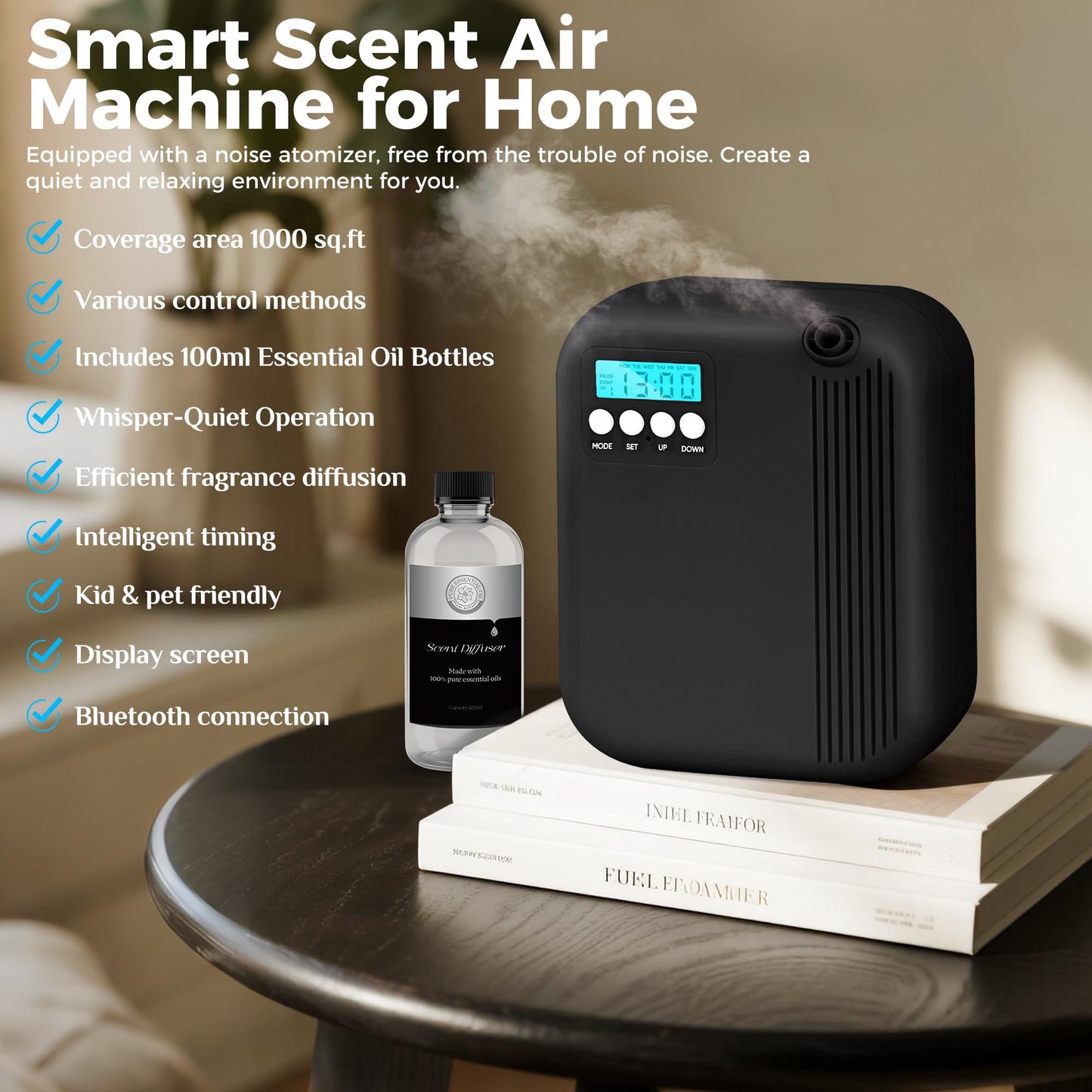 Hotel Collection Diffuser, House Scent Machine, 3000 Sq.Ft Coverage, 200ml Large Capacity Aromatherapy Machine, Scent Diffusers for Home Large Room, Office Waterless Essential Oil Diffuser, Black