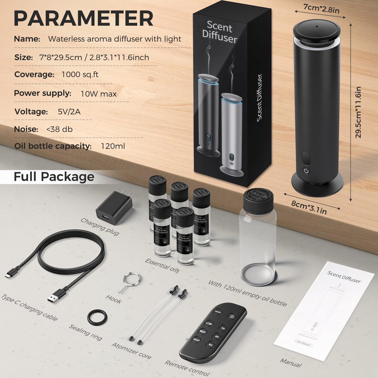 Hotel Scent Diffuser Starter Kit - 1000 sq ft coverage, 7 Ambient Lights, Black