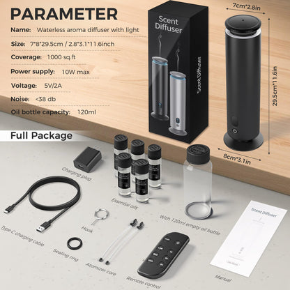 Hotel Scent Diffuser Starter Kit - 1000 sq ft coverage, 7 Ambient Lights, Black