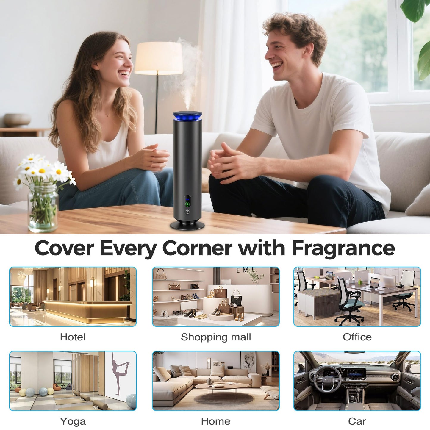 Hotel Scent Diffuser Starter Kit - 1000 sq ft coverage, 7 Ambient Lights, Black
