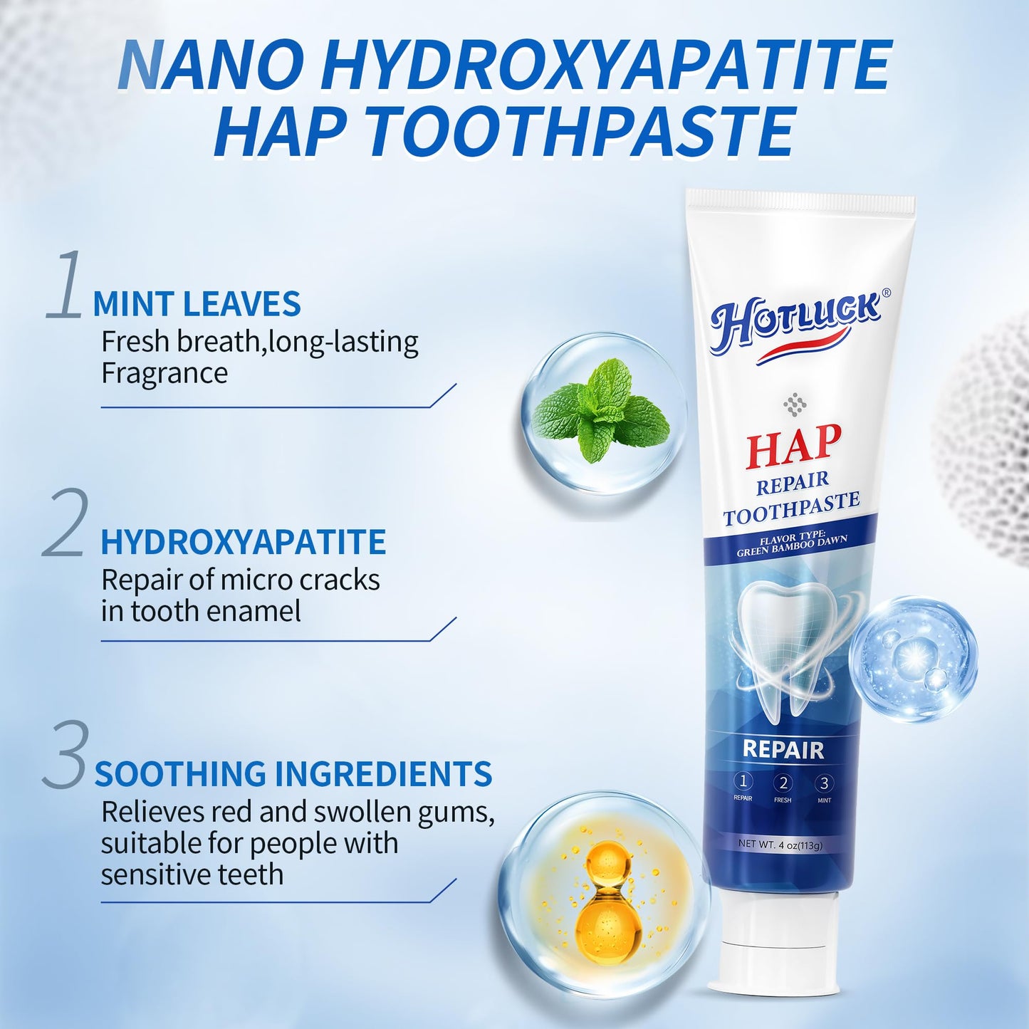 Hotluck HAP Fluoride-Free Toothpaste – Nano-Hydroxyapatite, Enamel Repair & Whitening, Fresh Breath, Natural Mint, 4oz (Pack of 1)