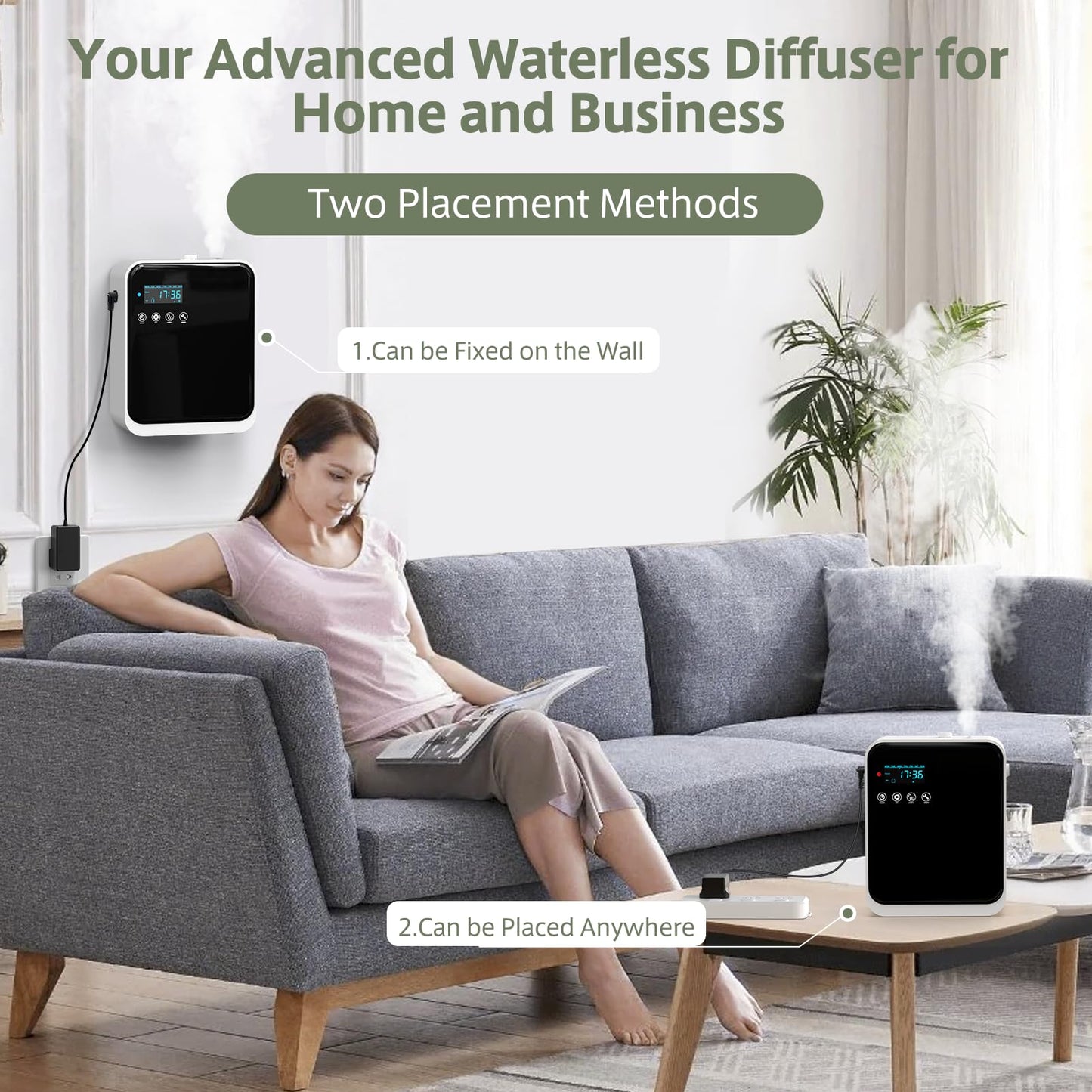 HOTOIQ Waterless Essential Oil Diffuser – Large Room Coverage up to 1500 sq ft, 240ml, Wall-Mount, Smart App