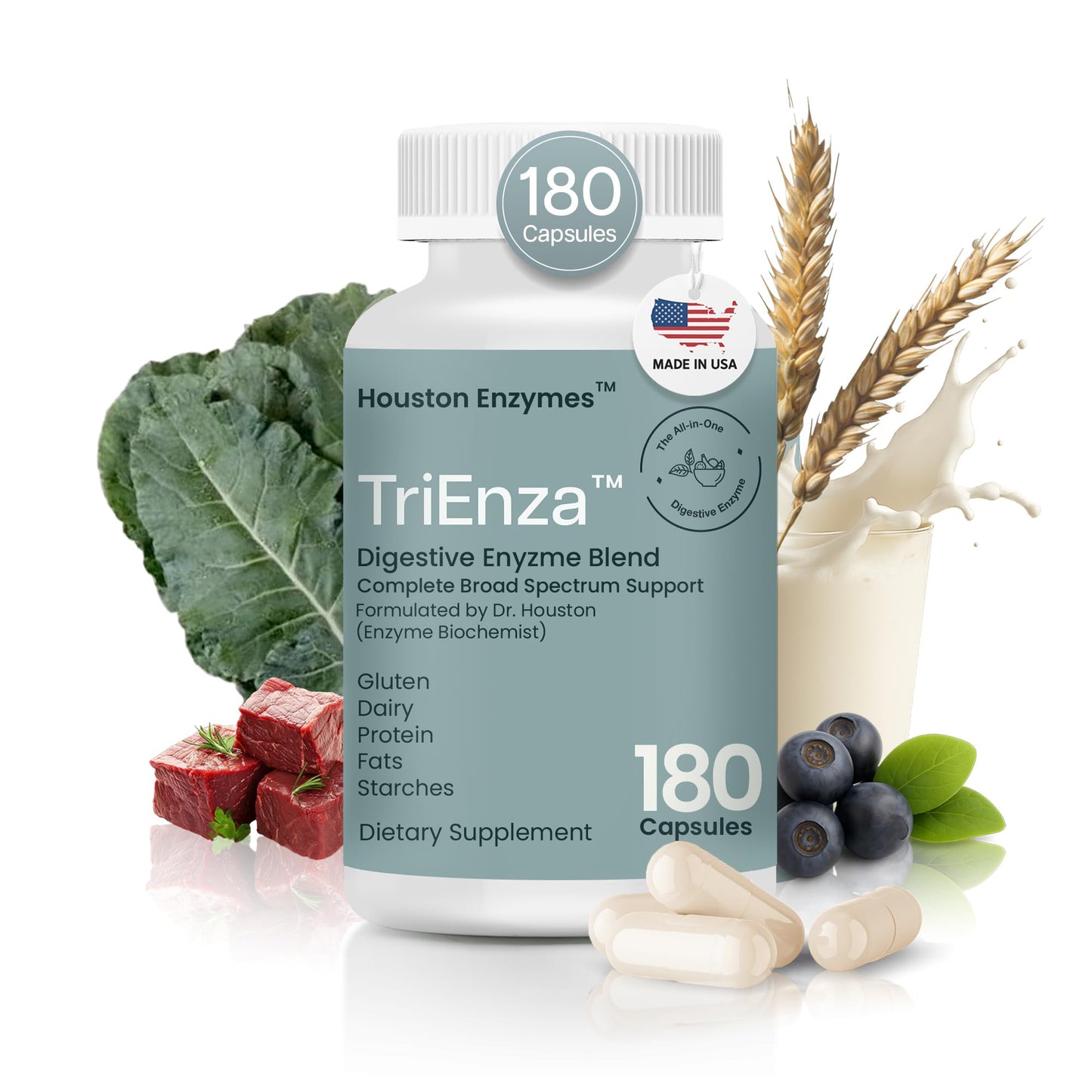 Houston Enzymes TriEnza Digestive Enzymes for Women & Men – 180 Capsules (90 Doses)
