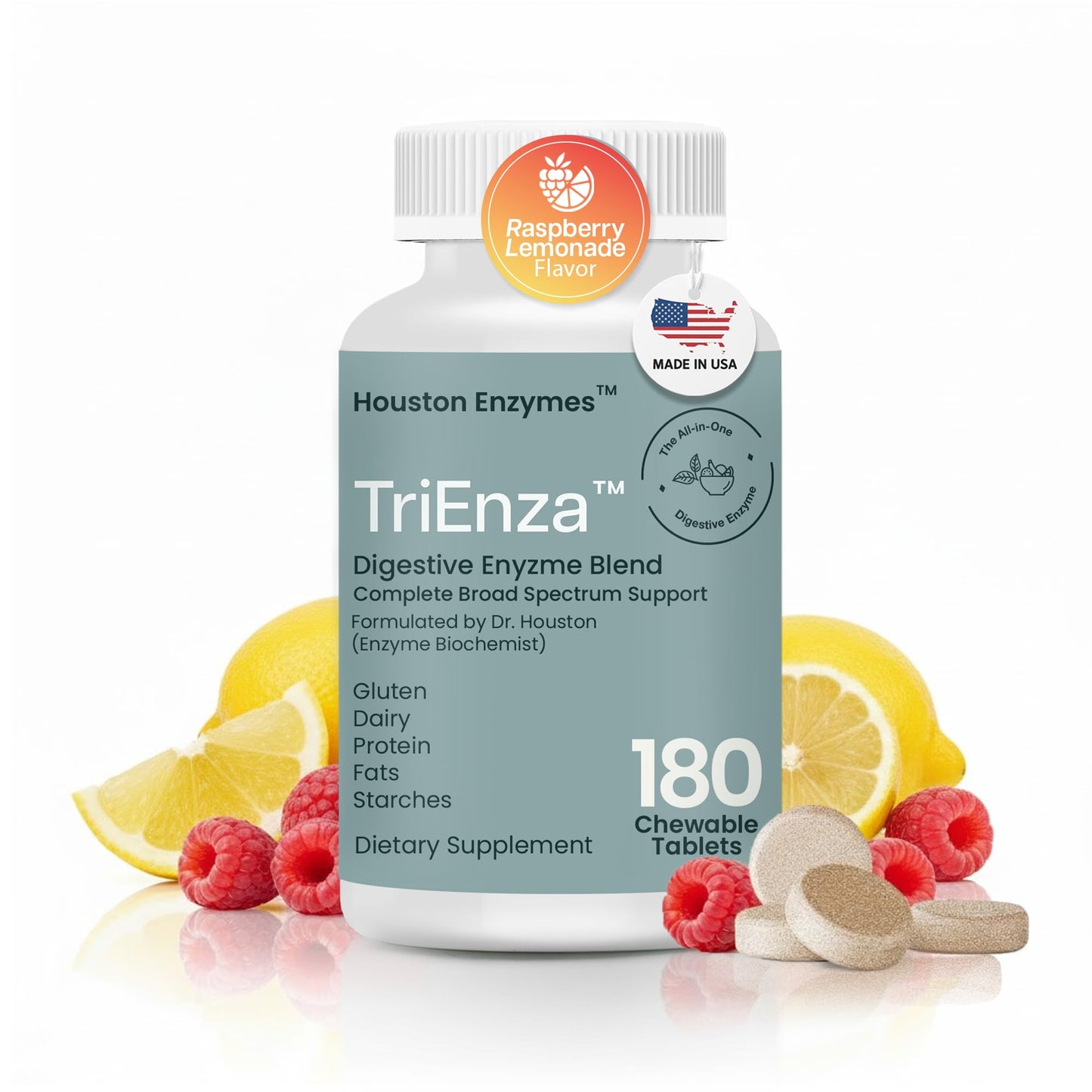Houston Enzymes TriEnza - Digestive Enzyme Supplement for Gluten, Casein, Soy, Carbs & Fats | 180 Chewable Tablets