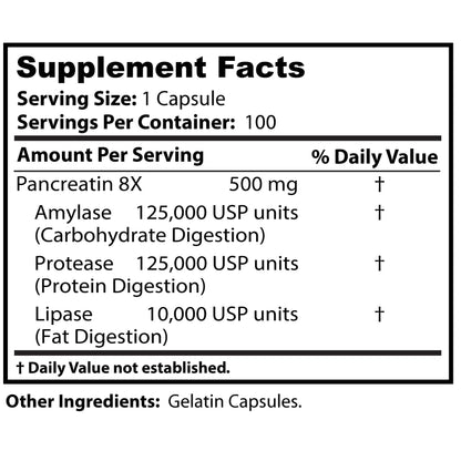 Dr. Clark Pancreatin 8X Enzyme Supplement 500mg – Digestive Enzymes for Protein, Fat & Carbs Support | 100 Gelatin Capsules