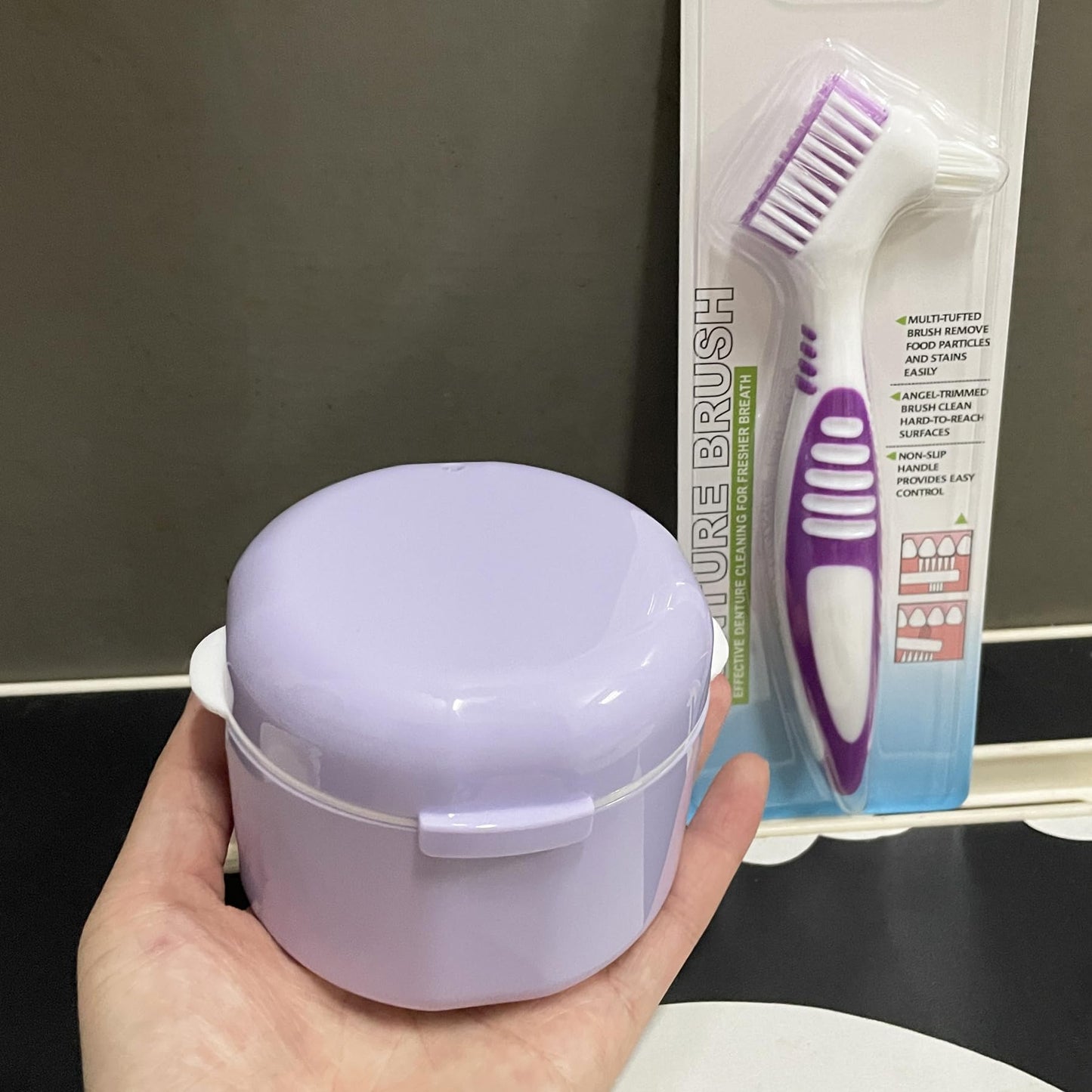 Howinn Denture Bath Case – Travel Cup with Strainer Basket (Purple)