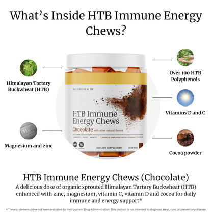 BIG BOLD HEALTH HTB Immune Energy Chews – Organic Tartary Buckwheat, Chocolate Flavor, Zinc & Vitamins (60 Chews)