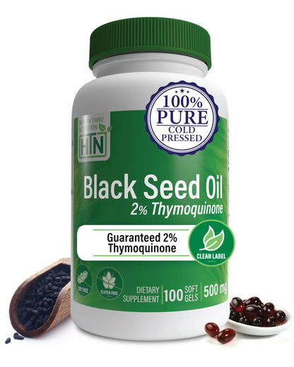 Health Thru Nutrition Black Seed Oil 500mg | 2% Thymoquinone | 100 Softgels | Organic, Non-GMO, Gluten & Soy Free