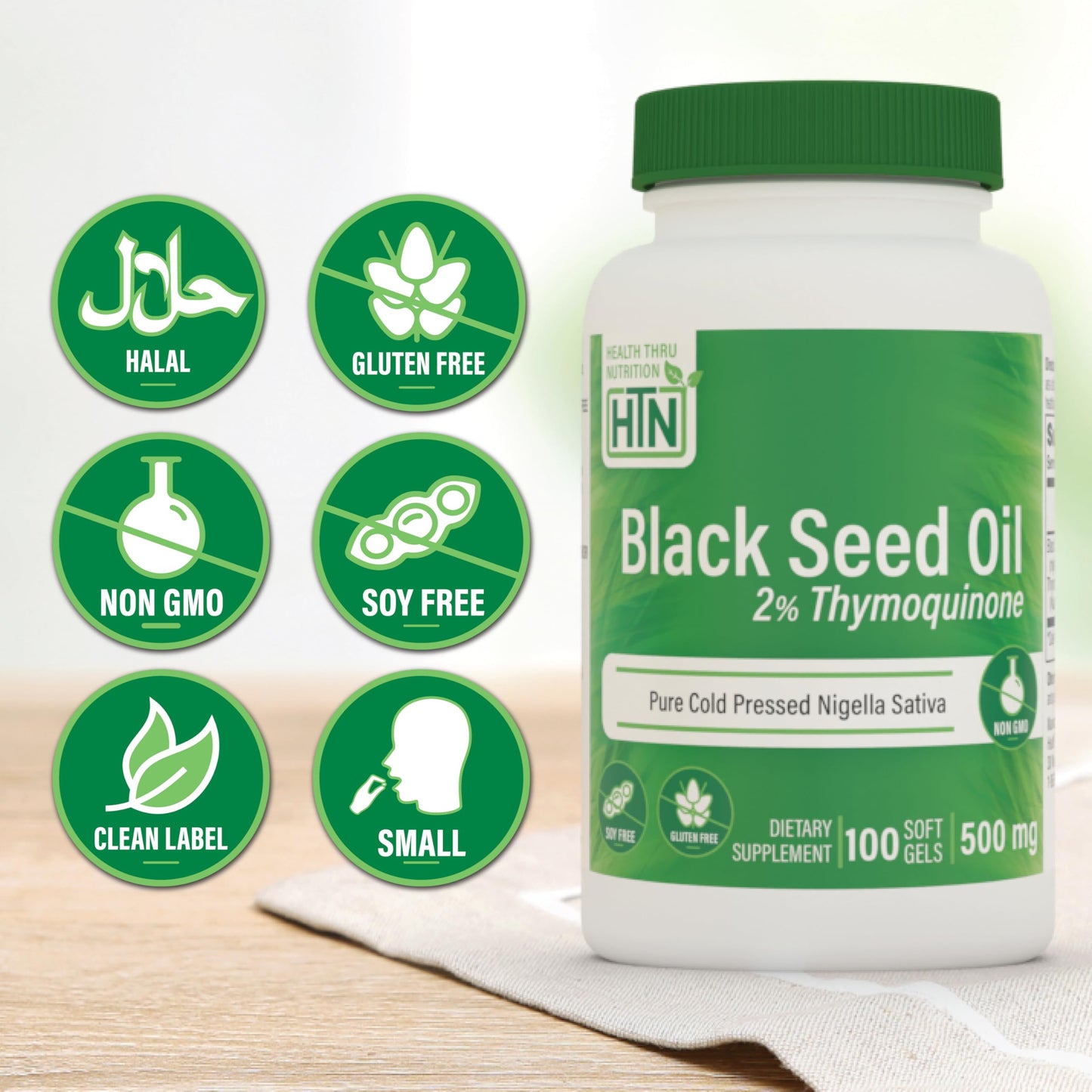 Health Thru Nutrition Black Seed Oil 500mg | 2% Thymoquinone | 100 Softgels | Organic, Non-GMO, Gluten & Soy Free