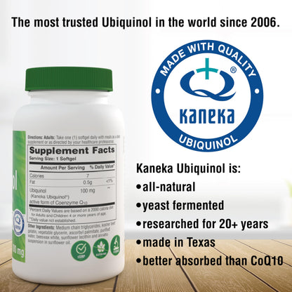 Health Thru Nutrition Ubiquinol 100mg - Kaneka QH, 120 Softgels, 3rd-Party Tested, Enhanced Bioavailability, Non-GMO