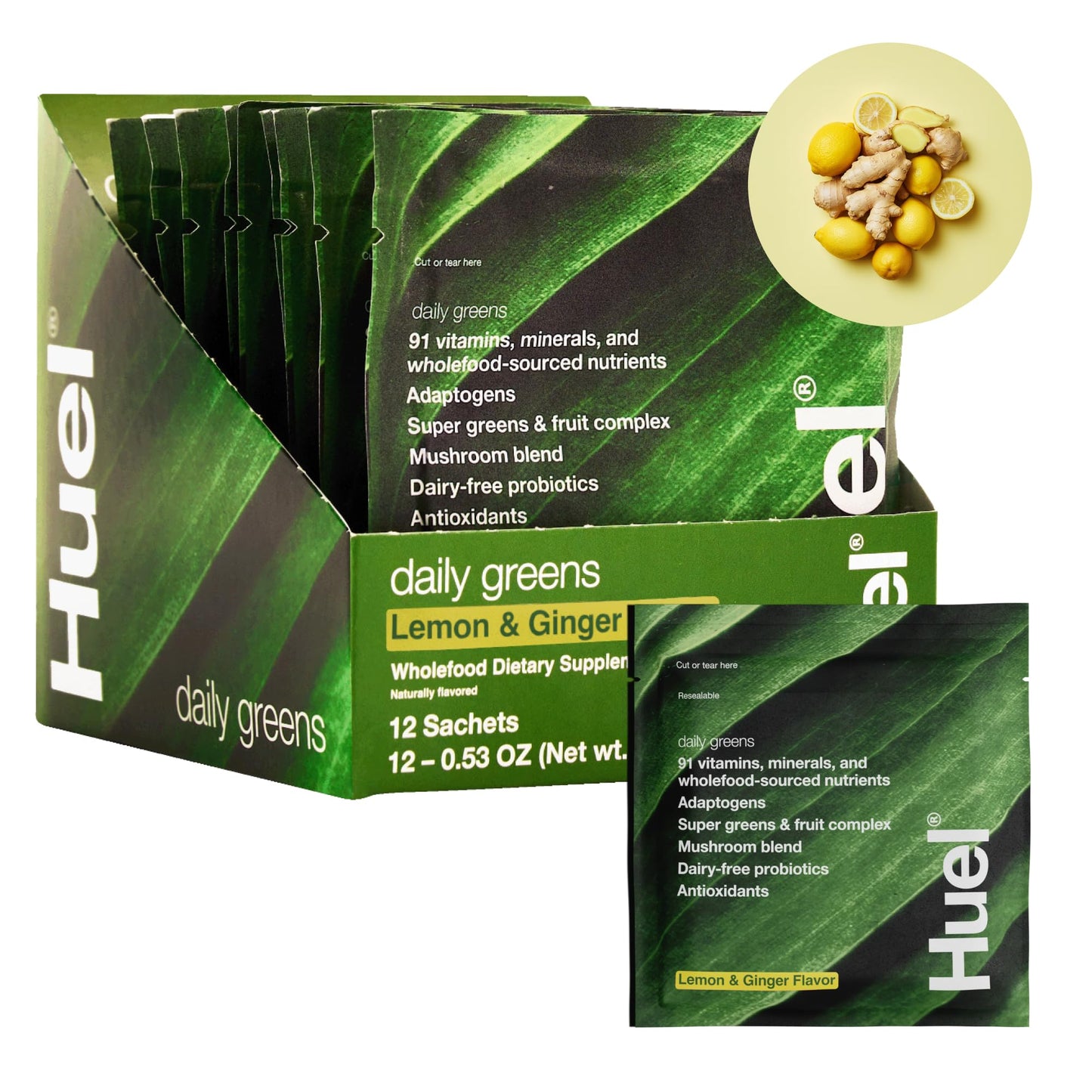 Huel Daily Greens Lemon & Ginger | 91 Vitamins & Wholefood Ingredients | 12 Pack