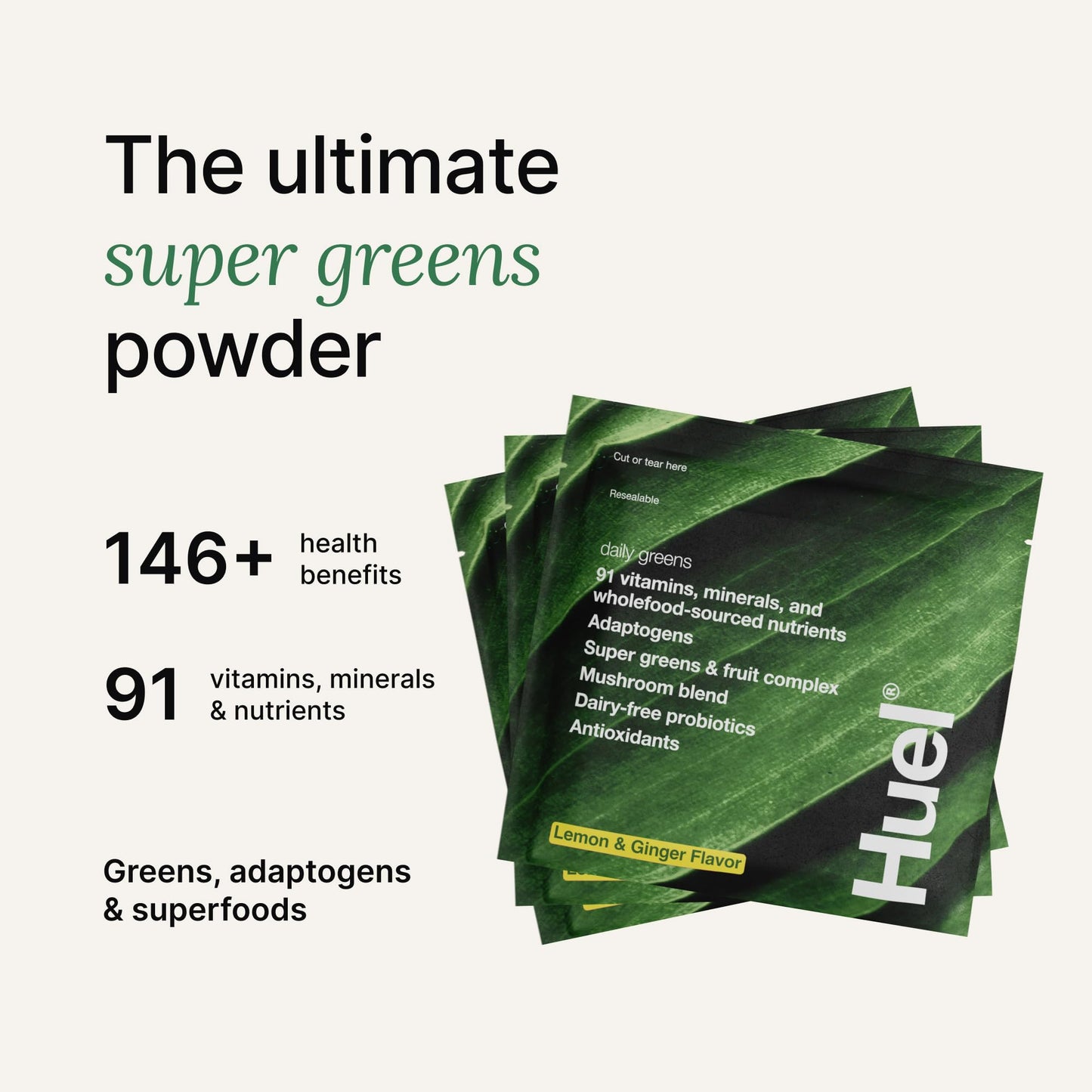 Huel Daily Greens Lemon & Ginger | 91 Vitamins & Wholefood Ingredients | 12 Pack