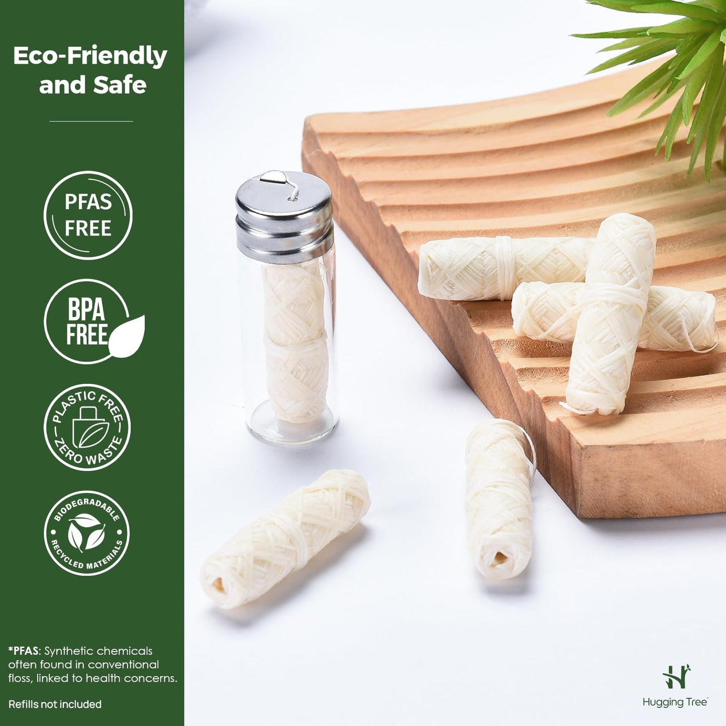 HUGGING TREE Natural Silk Dental Floss with Glass Dispenser – PFAS Free, Zero Waste Mint (33 Yards)