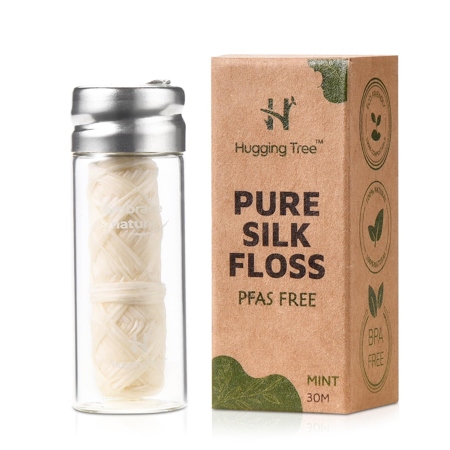 HUGGING TREE Natural Silk Dental Floss with Glass Dispenser – PFAS Free, Zero Waste Mint (33 Yards)