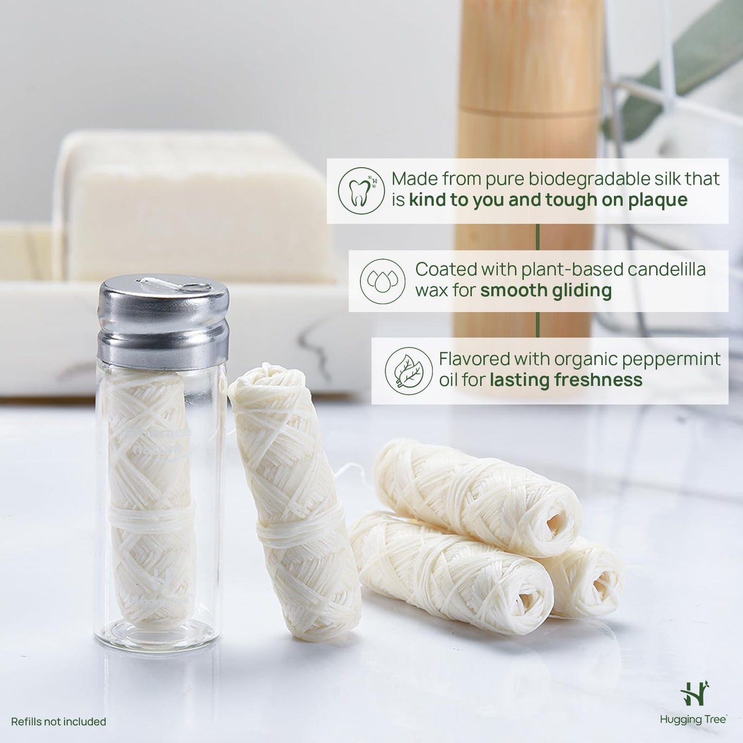 HUGGING TREE Natural Silk Dental Floss with Glass Dispenser – PFAS Free, Zero Waste Mint (33 Yards)