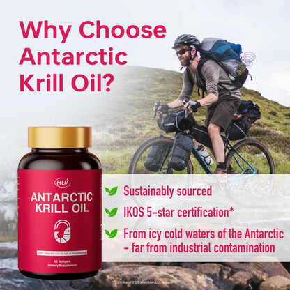 HUJ Antarctic Krill Oil 1000mg with Omega-3s EPA, DHA – 60 Softgels – Sustainably Sourced