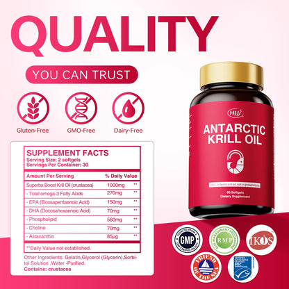 HUJ Antarctic Krill Oil 1000mg with Omega-3s EPA, DHA – 60 Softgels – Sustainably Sourced
