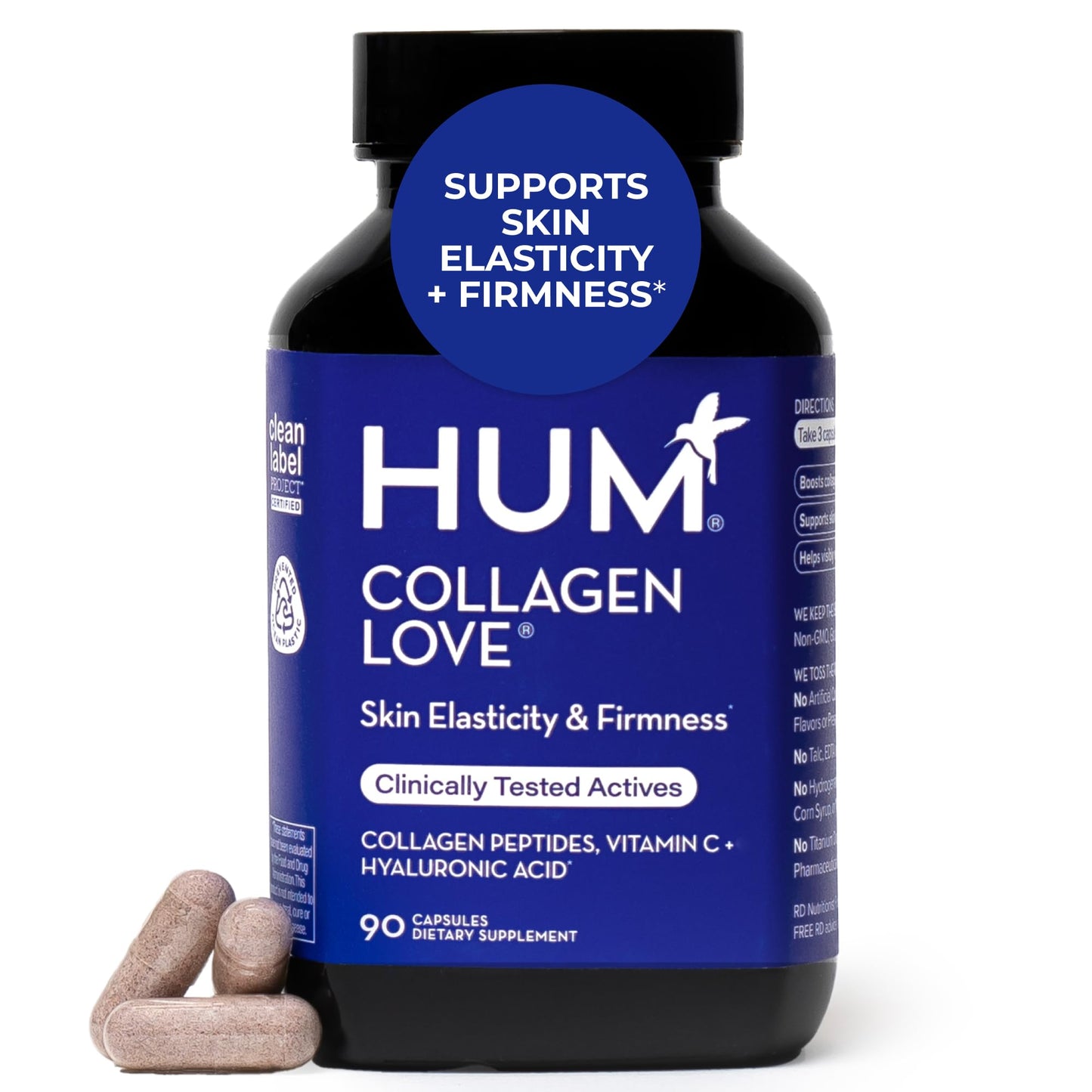 HUM Collagen Love Skin — Collagen Peptides with Hyaluronic Acid & Vitamin C, 90 Capsules