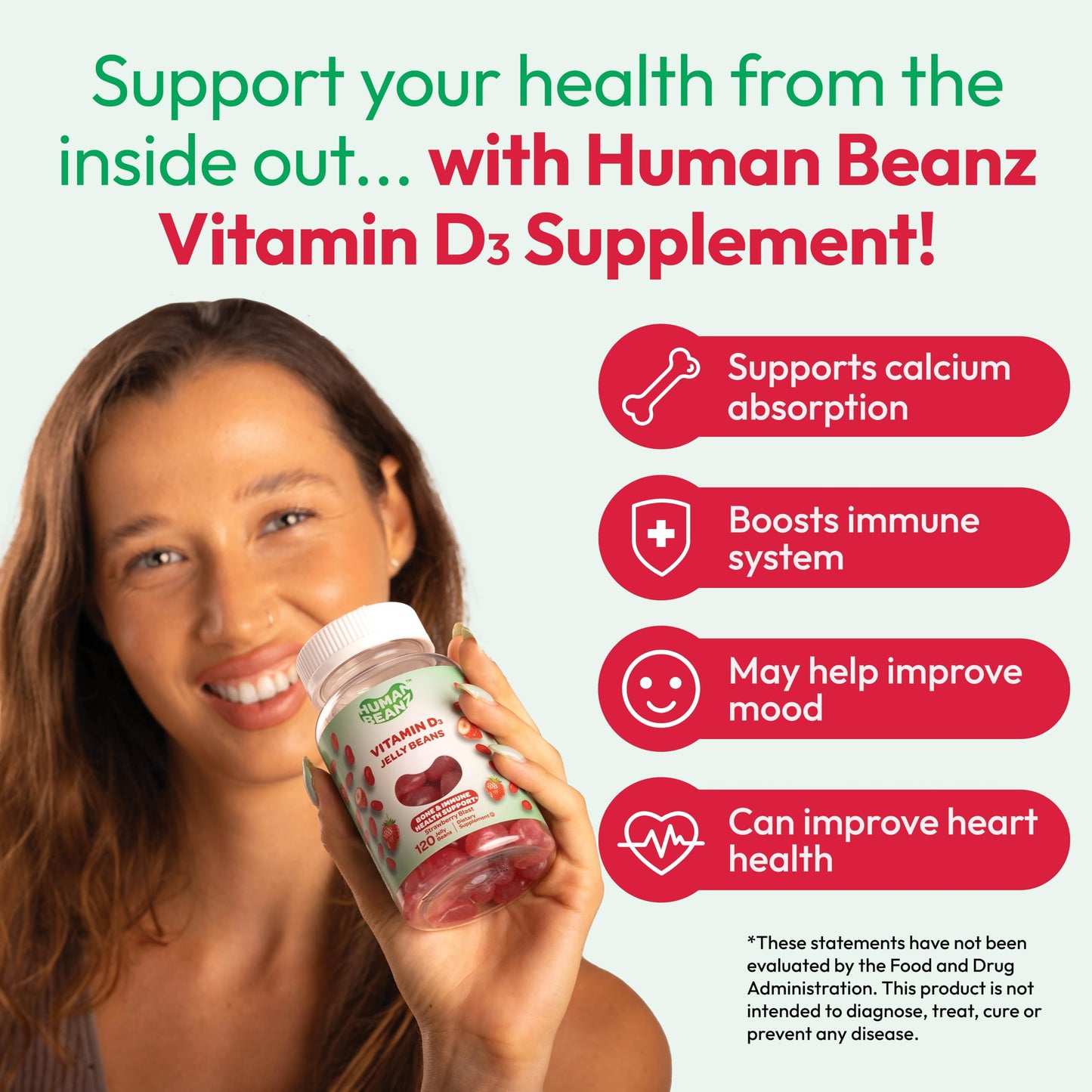 Human Beanz Vitamin D3 Jelly Bean Gummies for Adults – 2000 IU, Immunity Support, 120 Strawberry Blast, Kosher