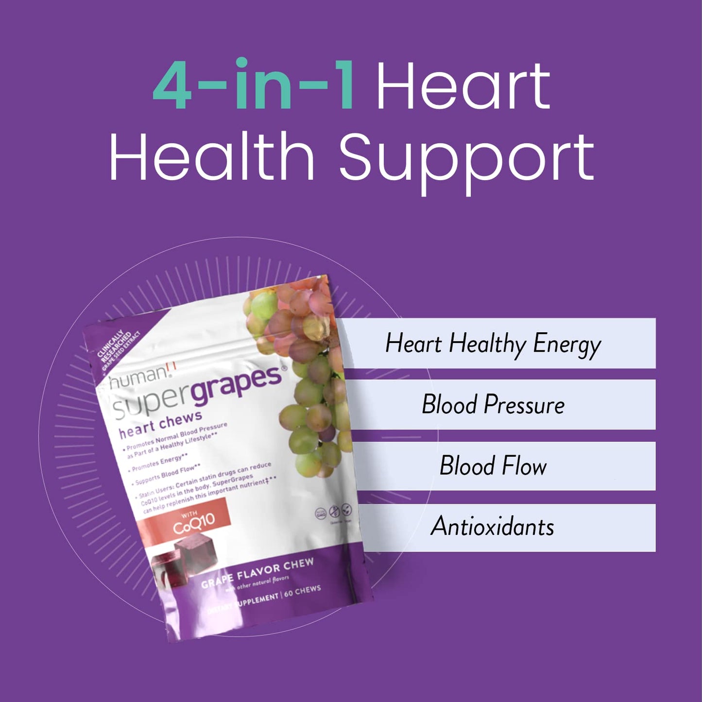 Humann SuperGrapes Chews – 100mg CoQ10 & Grape Seed Extract | From The Makers of SuperBeets, Grape Flavor, 60 Count